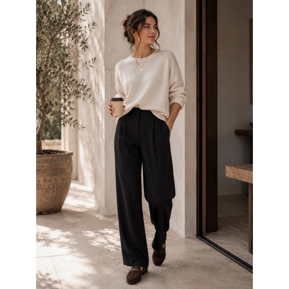 NWT Quince Stretch Crepe Pleated Wide Leg Pants Black 16 High Rise Career